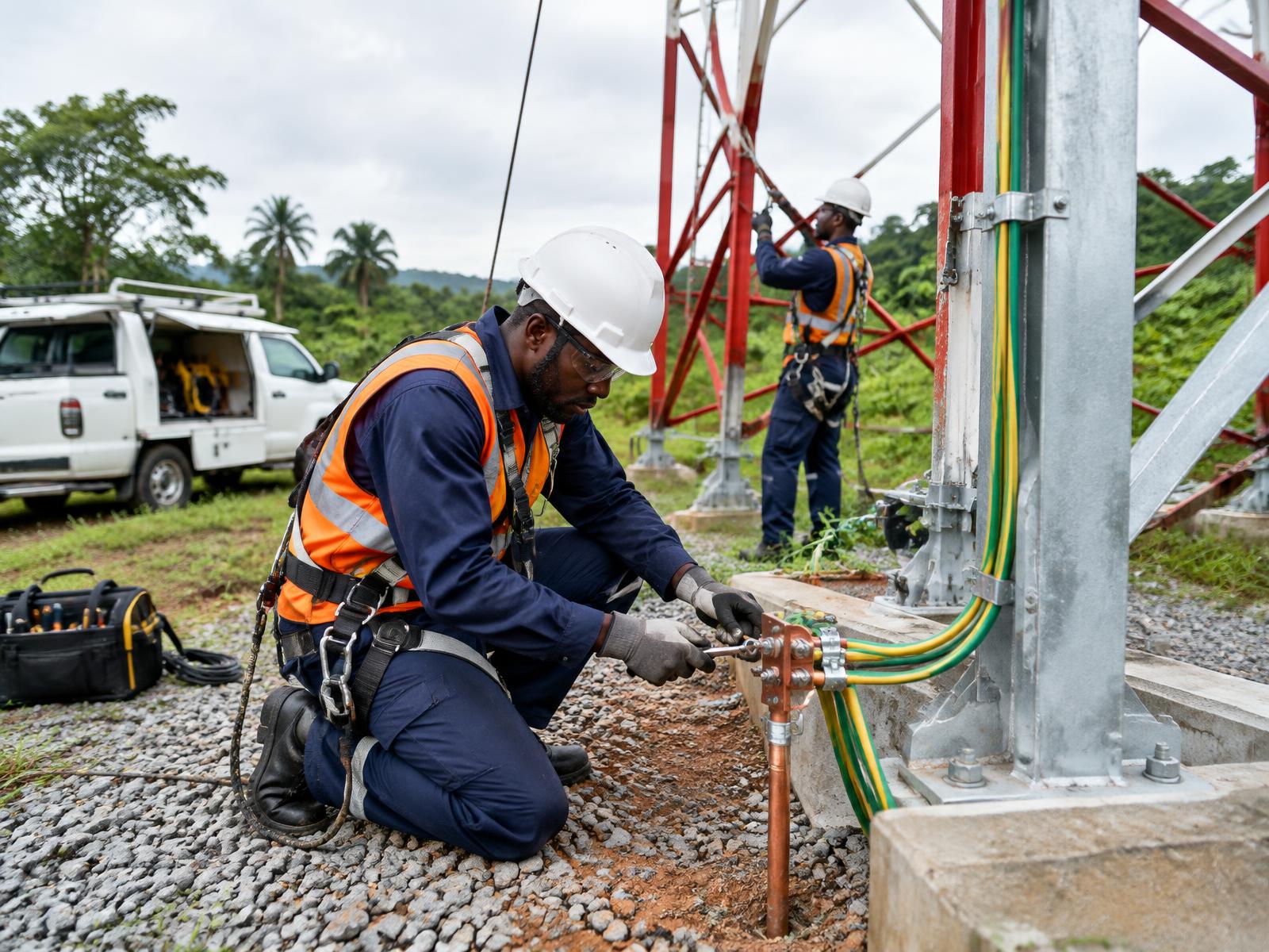 Illustrative telecommunications engineers working on tower earthing connections
